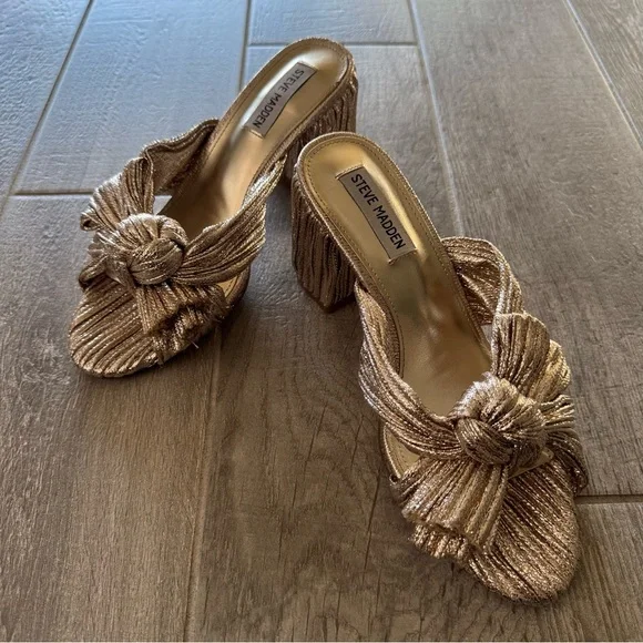 Steve Madden Deacon Knot Block Heel Slide Sandals in Metallic Gold - Picture 1 of 9